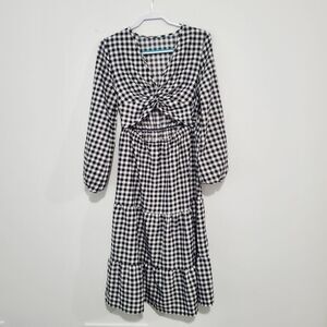 Black and White Gingham Balloon Sleeve Twist Cutout Front Tiered Midi Dress Sz M
